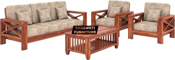 DECORWOOD Solid Sheesham Wood 5 Seater Living Room X-Legs Sofa Fabric 3 + 1 + 1 Sofa Set