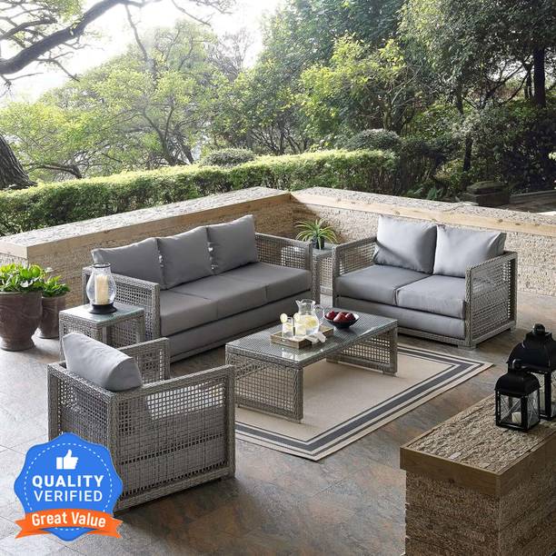 Flipkart Perfect Homes Outdoor Garden Patio Sofa Set with 1 Center Table & 1 Side Table 6 Seater Leatherette 3 + 2 + 1 Sofa Set