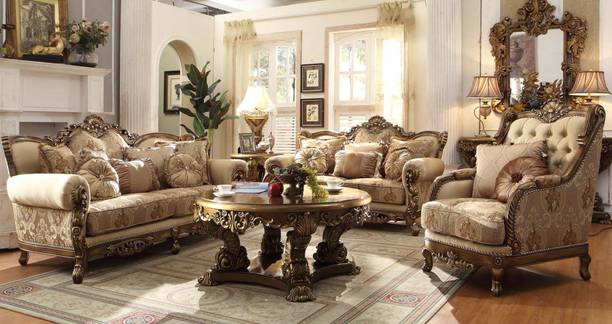 ELITEWOOD ROYAL MAHARAJA STYLE PREMIUM TEAKWOOD 6 SEATER SOFA SET WITH PREMIUM SILK Fabric 3 + 2 + 1 Sofa Set