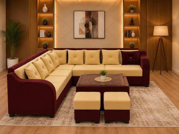 Bharat Furniture 1 L-Shape Sofa (7-Seater), 1 Square Center Table, 2 Puffies, Throw Cushions Fabric 3 + 2 + 2 Sofa Set