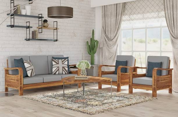WOODSTAGE Solid Sheesham Wood 5 Seater Sofa Set for Home/Room/Hotel/Hall Furniture Fabric 3 + 1 + 1 Sofa Set