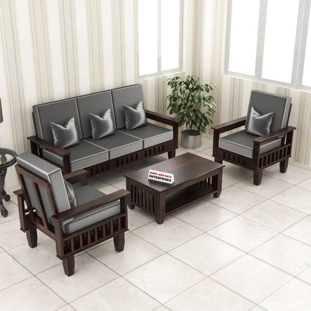 JeenWood KUBER Design Sheesham Wood Five Seater Sofa Set With 'DERBY' Fabric Cushion | Fabric 3 + 1 + 1 Sofa Set