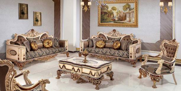 alishaank AMBAR Luxury Teakwood 6 Seater 3+2+1 Sofa Set For Living Room Premium Silk Fabric 3 + 2 + 1 Sofa Set