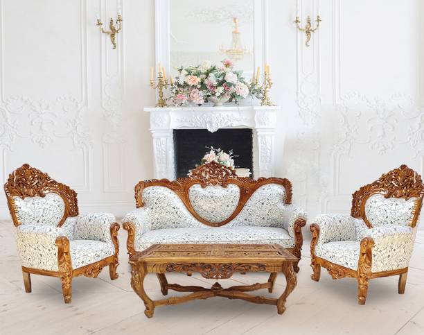 W.S.HANDICRAFTS Solid wood sofa set (Pure Teak (Sagun) in carving design Filling Material- Foam Fabric 3 + 1 + 1 Sofa Set