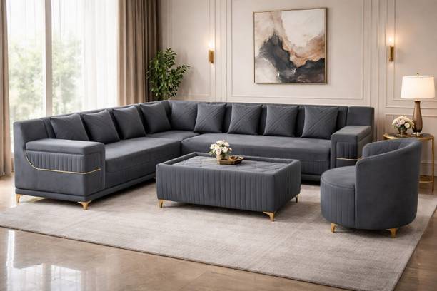 Sheijin Sheijin Grey L Shape Sofa Set with Single Seater and Coffee Table Fabric 3 + 3 + 1 Sofa Set