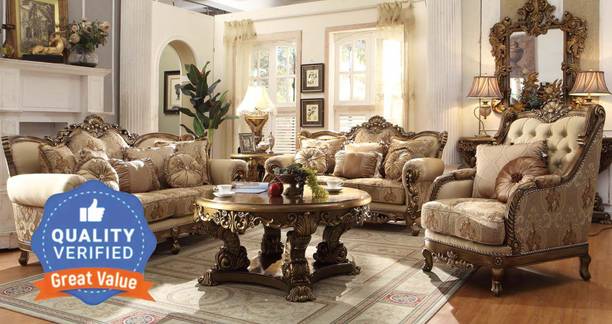 EVGOR LUXURY MAHARAJA TEAKWOOD 6 seater Sofa set for Living Room With Premium Silk Fabric 3 + 2 + 1 Sofa Set