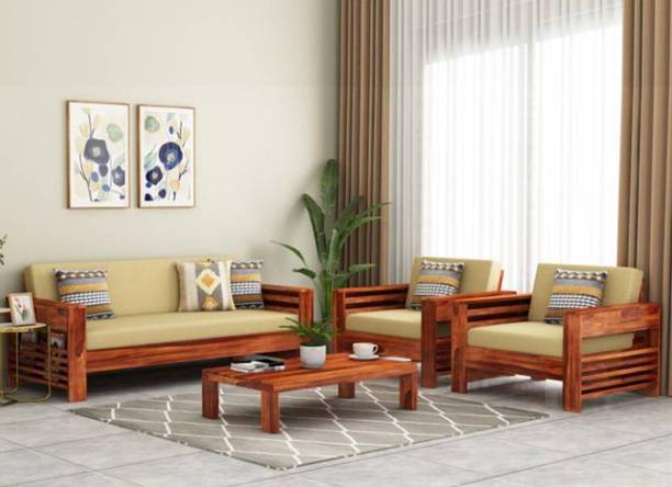 VARSHA FURNITURE Solid Wood Sheesham Wood 5 Seater Sofa Set For Living Room | Side Pocket storage Fabric 3 + 1 + 1 Sofa Set