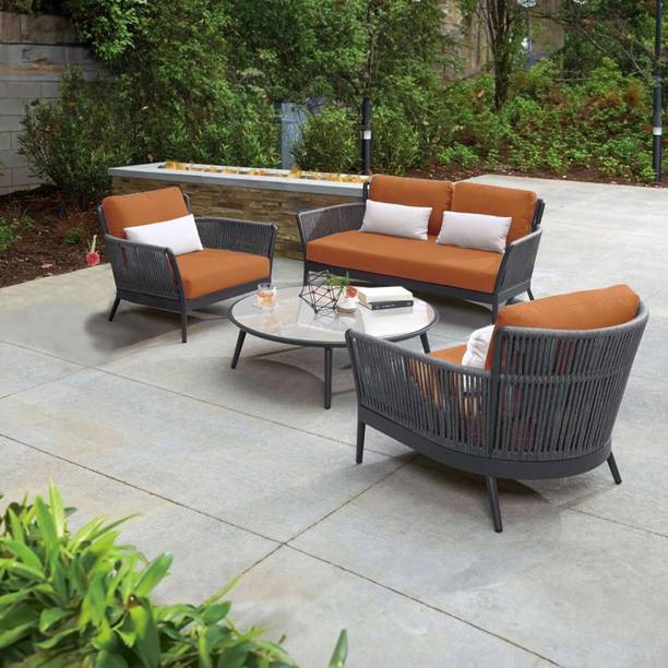 BRISHI Braid & Rope 4 Seater Outdoor/Balcony Sofa Set with Cushion and Center Table Fabric 2 + 1 + 1 Sofa Set
