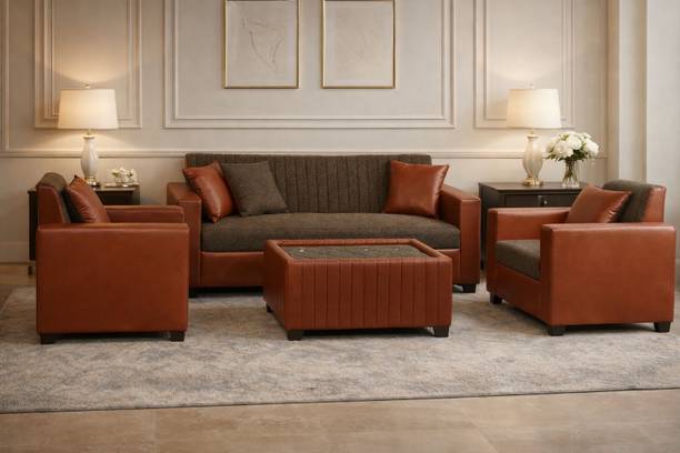 Sheijin Modern 3-1-1 Brown Leatherette Sofa Set with Matching Coffee Table Leatherette 2 + 1 + 1 Sofa Set