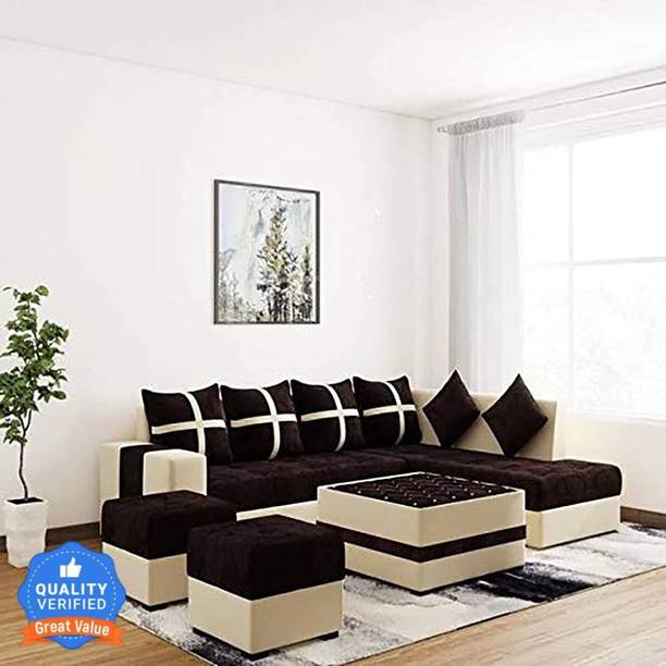 Kendalwood Furniture 8 Seater Sofa, 2 Ottoman, 6 pillow With Coffee Table Fabric 3 + 2 + 2 + 1 Sofa Set