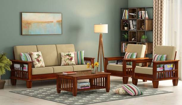 mp enterprises Sheesham Wood 5seater sofa set with cushion for livingroom/Home/Hotel Fabric 3 + 1 + 1 Sofa Set