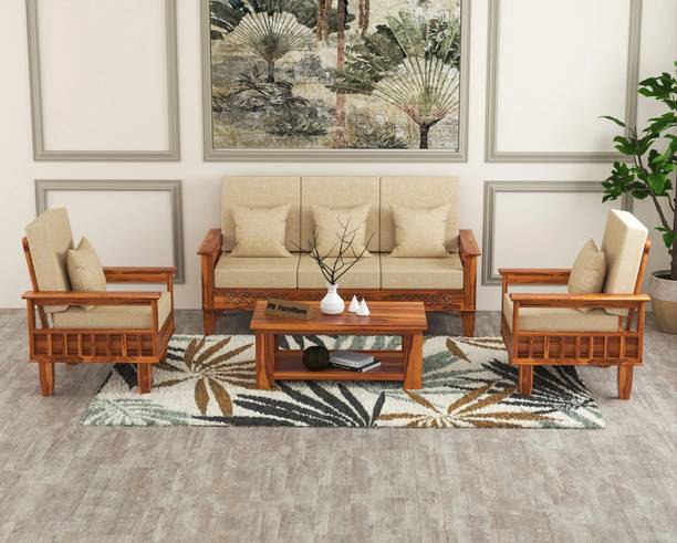 PR FURNITURE Solid Wood Five Seater Sofa Set With CNC Flower Style For Living Room, Café. Fabric 3 + 1 + 1 Sofa Set