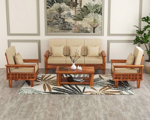 Flipkart Perfect Homes CNC Cutting Designed Solid Wood With Side Pocket Storage Fabric 3 + 1 + 1 Sofa Set