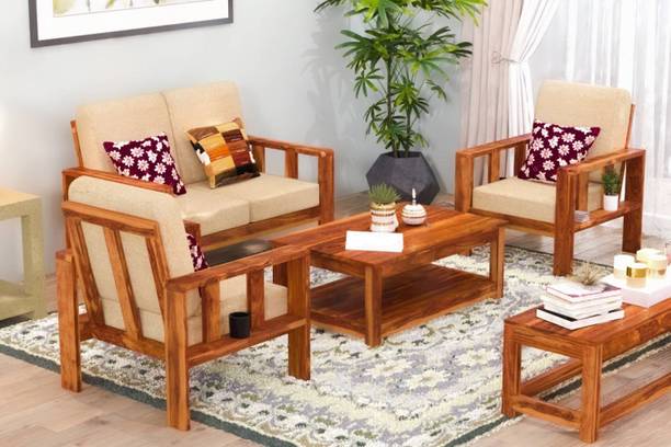 DECORWOOD Solid Sheesham Wood Four Seater Sofa Set For Living Room, Hotel Office. Fabric 2 + 1 + 1 Sofa Set