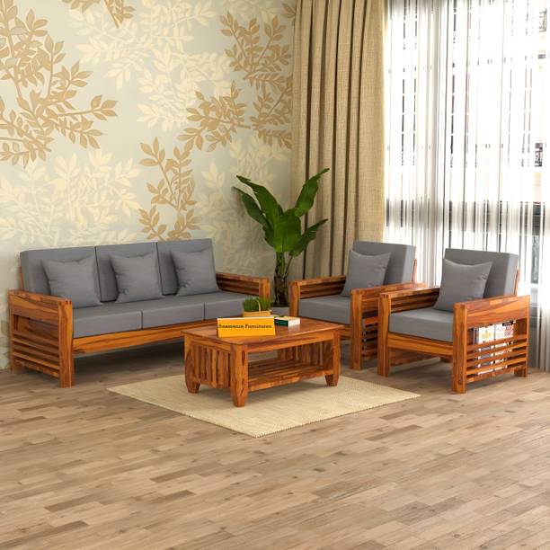 saamenia furnitures Solid Sheesham Wood 5 Seater Sofa Set {40 Density Foam And Without Pillow } Fabric 3 + 1 + 1 Sofa Set