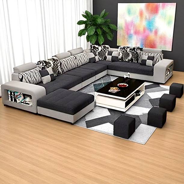 Torque Allister U Shape 9 Seater Fabric Sofa Set with 4 Square Puffy (Grey) Fabric 3 + 2 + 2 + 1 Sofa Set