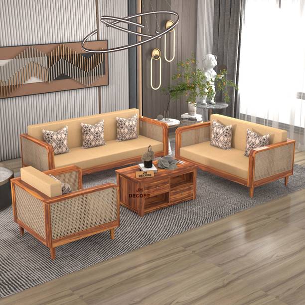 Jh Decore Velmont Solid Wood Six Seater Sofa Set With Rattan Cane Arm Style For Office | Fabric 3 + 2 + 1 Sofa Set