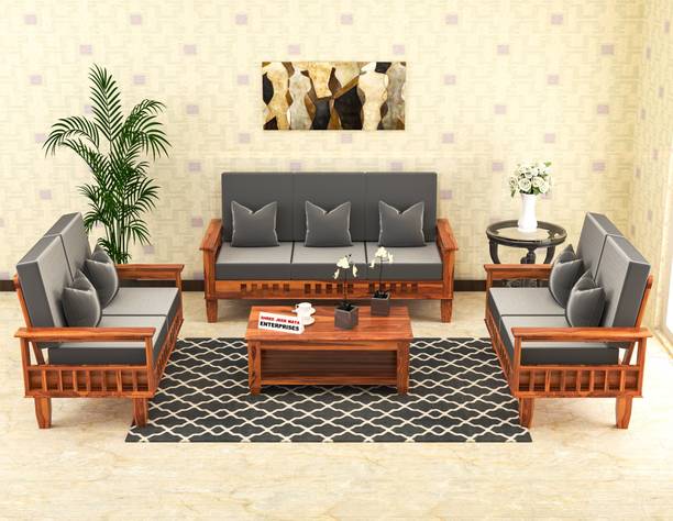JeenWood KUBER Design Solid Wood Seven Seater Sofa Set With 'HOLLAND' POLYESTER Fabric | Fabric 3 + 2 + 2 Sofa Set