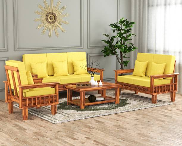 PR FURNITURE Solid Wood Six Seater Sofa Set With CNC Flower Style For Living Room, Café. Fabric 3 + 2 + 1 Sofa Set