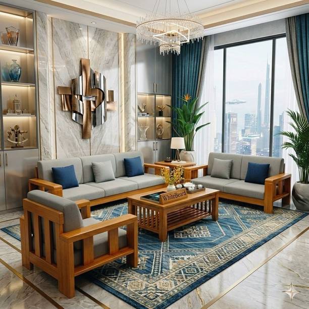 WhiteBeard Solid Sheesham Wood Luxury Sofa Set Modern VIP Look Design Sofa Set Living Room Fabric 3 + 2 + 1 Sofa Set