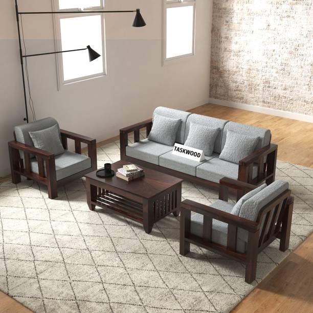 Taskwood Furniture Solid Sheesham Wood Wooden Five Seater Sofa Set For Living Room, Café Fabric 3 + 1 + 1 Sofa Set