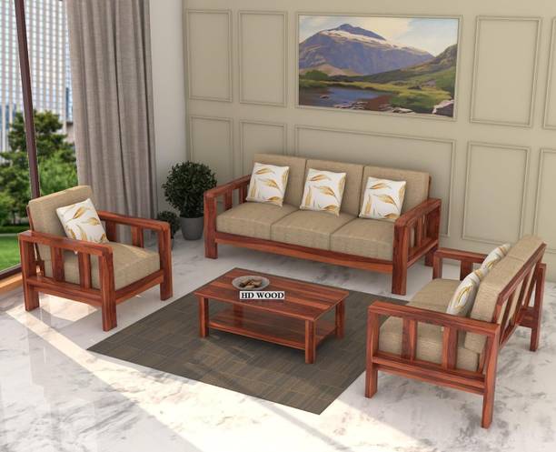 HDWOOD Solid Sheesham Wood For Living Room/ Office/ Guest Room | Fabric 3 + 2 + 1 Sofa Set
