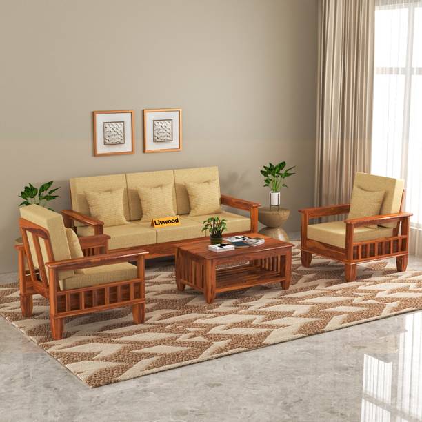 LIVWOOD sheesham wood 5 seater sofa set wooden sofa set 5 seater 3+1+1 wooden sofa set Fabric 3 + 1 + 1 Sofa Set