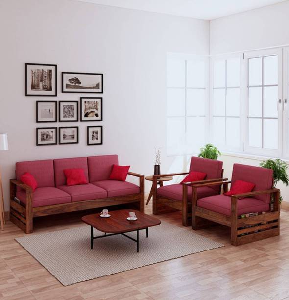 JeenWood Solid Sheesham Wood Five Seater Sofa Set For Living Room/ Hotel/ Café/ Office | Fabric 3 + 1 + 1 Sofa Set