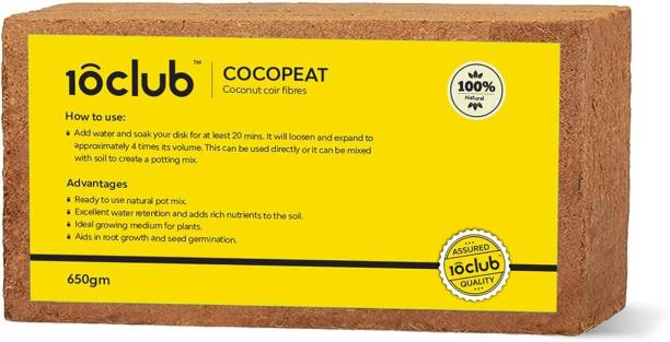 10club Cocopeat Block - 1 pc, 650gm | Expands up to 3.2 Kg Mixture Manure