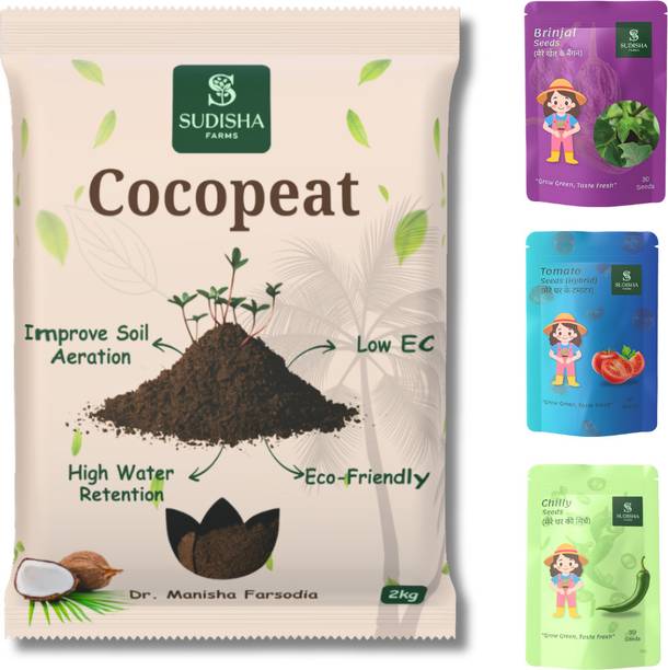 Sudisha Farms Low EC Cocopeat 2kg with Brinjal, Chilli & Tomato Seeds (30 Each) Manure