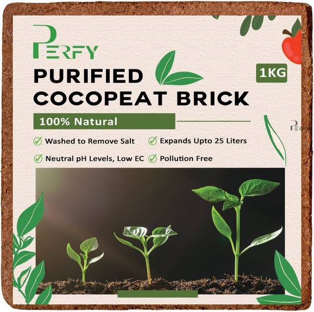 PERFY Purified Cocopeat Block 1KG For Natural Gardening-Low EC and pH Balance-Refined Potting Mixture