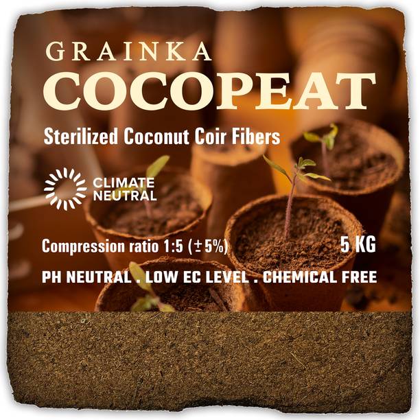 Grainka Cocopeat Block 5kg || Expands upto 16L/KG || Low EC || For Professional Gardners Potting Mixture, Soil, Husk