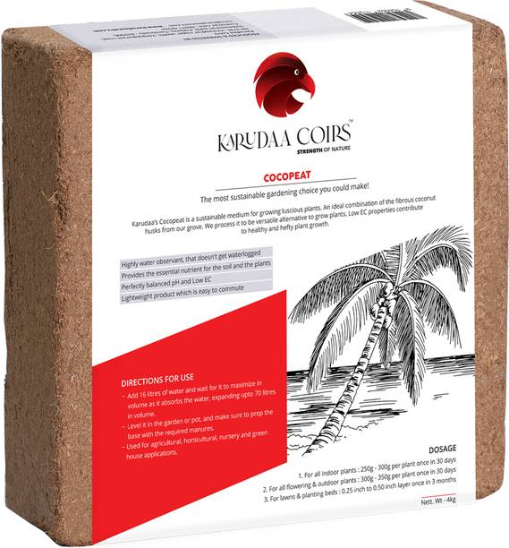 KARUDAACOIRS Cocopeat Block 4kg – Expands to 70 Ltr of Coco Peat Powder Manure