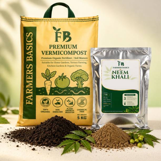 Farmers Basics Organic Vermicompost 5Kg & Neem Khali 1 Kg | Plant Growth Booster Combo Pack Manure, Potting Mixture