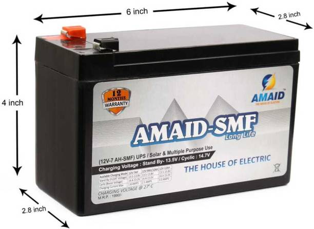 AMAID - SMF 12V 7Ah SMF UPS-Battery Use for Solar Battery, Ups and Toy Car Battery 12 V Offline/Standby Rack-mount Model UPS with Overload Protection 2 Outlet Plugs