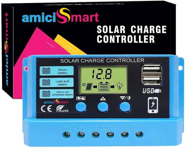 amiciSmart Solar Charger Controller 20A, Intelligent Battery Regulator for Solar Panel LCD Display with USB Port 12V/24V PWM Solar Charge Controller