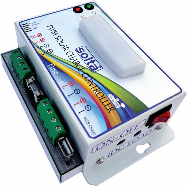 SOLTA 12V-10Amp Inbuilt Light & 3 Port DC Jack & Mobile Charger (Multimode Battery) PWM Solar Charge Controller