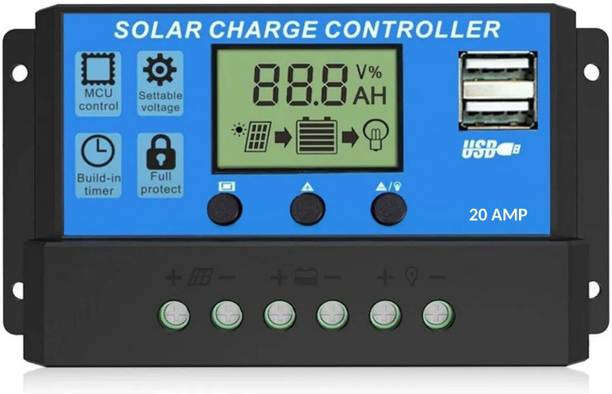 AMITOM 20 A Solar Charge Controller,12V/24V Dual USB Port Timer Setting Auto Parameter PWM Solar Charge Controller