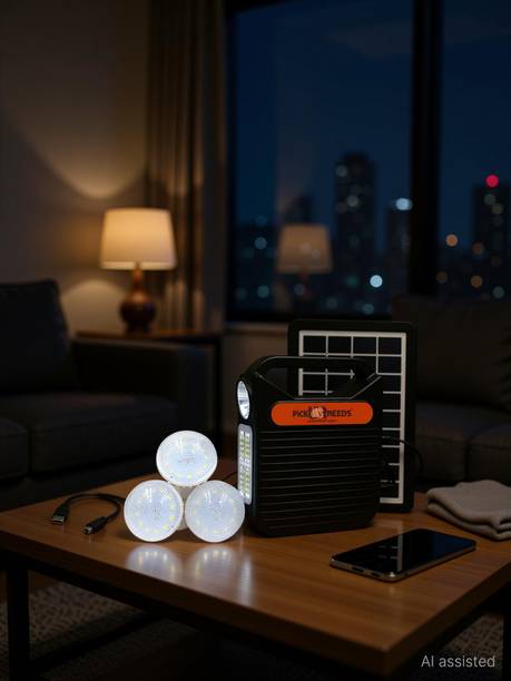 Pick Ur Needs Emergency Portable Inverter with 3 Individual 6 Volt LED Hanging Bulbs with 3.75 m Long Wire and AC/DC USB Socket with USB Wire for Mobile Charging with Solar Panel Solar Light Set
