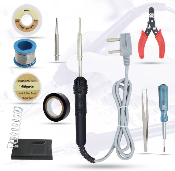 Hillgrove 10in1 Beginners Complete 30W Soldering Iron Kit with 5 Meter Solder Wire, Cutter, Stand, Flux, Bit, Tape, Tester, Tweezer, Wick 30 W Simple