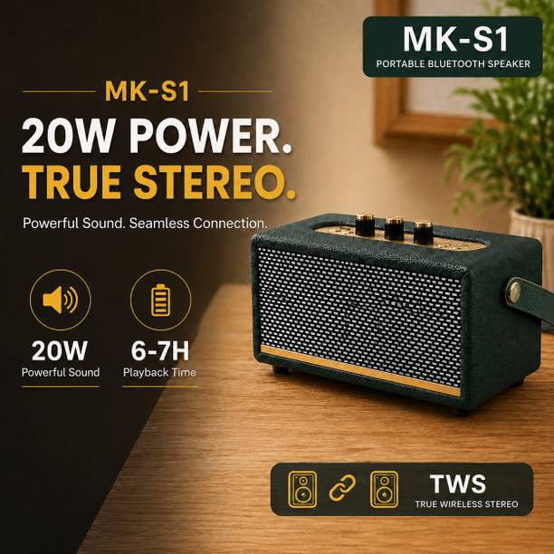 BeamX MK-S1 Bluetooth Speaker Dual 2.5" DSP/TWS 20W 6Hr Playtime Wooden Leather Design 20 W Bluetooth Speaker