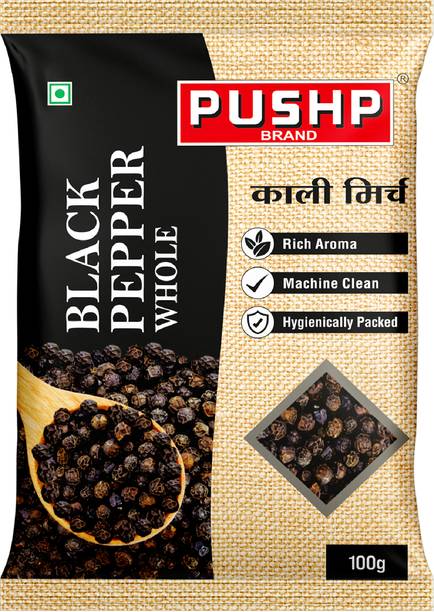 पुष्प ब्रांड Pushp Whole Black Pepper (Kali Mirch) – 100g Pouch | Pack of 1