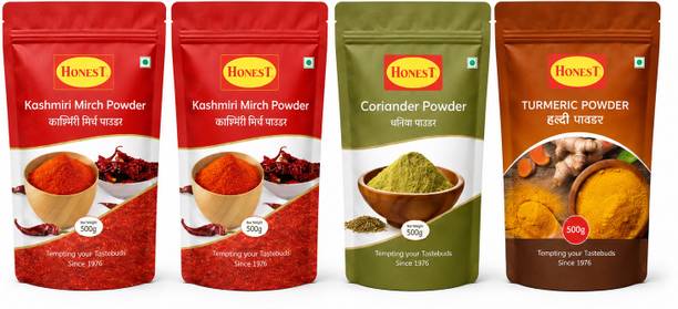 HONEST Combo Pack of 4 - Kashmiri Mirch Powder x 2, Turmeric Powder , Coriander Powder