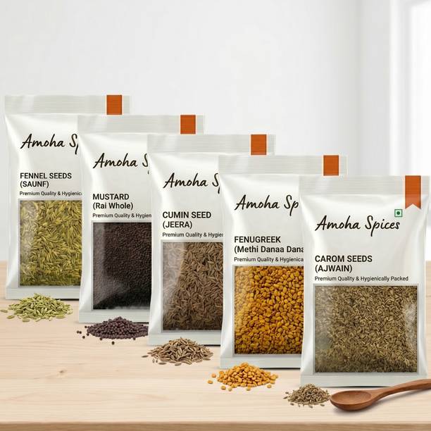 Amoha Spices Ajwain Jeera Saunf Methi Dana Rai (Everyday Masala Kit ), 100g Each
