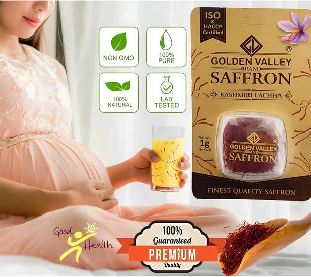 GOLDEN VALLEY Saffron 1 Gram Premium Kashmiri Original Lacha Saffron for Pregnant Women, Biryani, Fair Skin, Milk, Kheer, Tilak, Certified ISO3632 Grade A1++ Natural 100% Pure High Quality Red Yellow Kesar/ Keshar / Kumkumapuvvu -(Pack of-1)X1gm