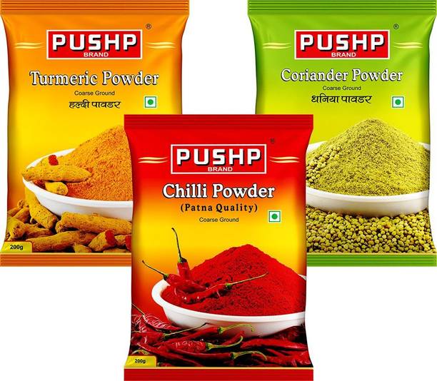 पुष्प ब्रांड Pushp Combo Pack 200g Each (Patna Red Chilli, Turmeric Powder, Coriander Powder)