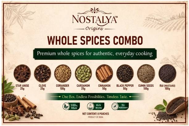 Nostalya Whole Spices Combo ( 8 in 1) | Elaichi, Laung, Dalchini, Jeera & More