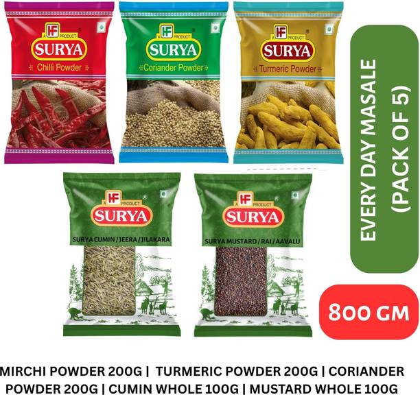 Surya 800g Mirchi,Haldi,Dhaniya,Jeera,Rai Combo Everyday Masala (Pack of 5)