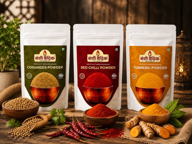 Banshivaidik Premium Spice Combo Pack – Turmeric Powder, Red Chilli Powder & Coriander Powder