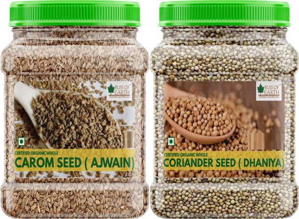 Bliss of Earth Combo Of Certified Organic Coriander seeds (250gm) And Carom Seeds (400gm) For Healthy Cooking (Pack Of 2)
